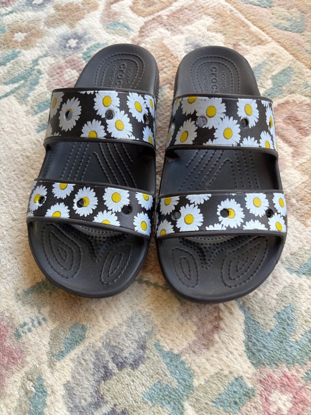 CROCS Black Daisy Strap Slide Sandals with Yellow Centers